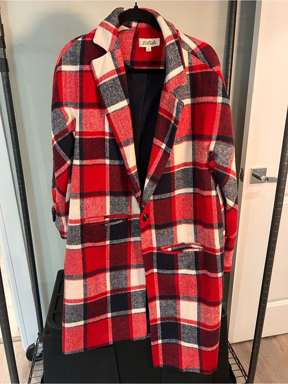 Listicle Red White Navy Plaid Wool Pea Coat